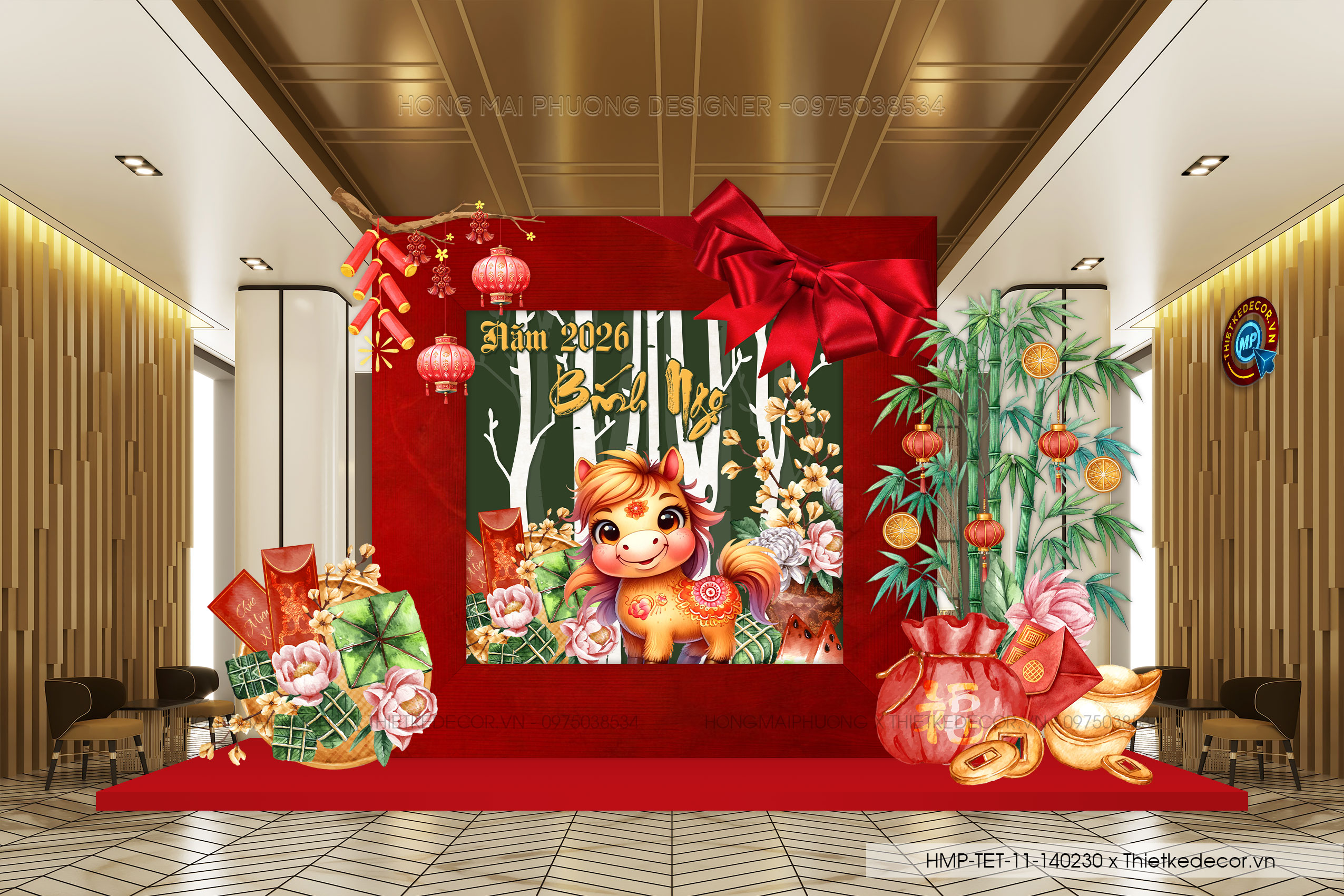 File thiết kế trang trí Tết 2026 Xuân Bính Ngọ. Backdrop checkin Tết.